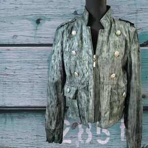Allan Denis Gray Leather Blazer with Classic Collar and Full-Length Zipper